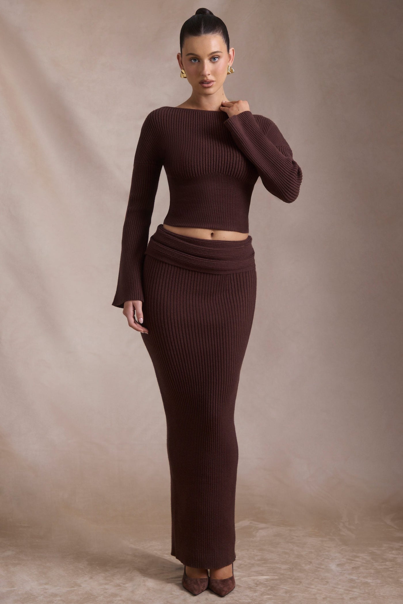 Ribbed-Knit Slash-Neck Top in Espresso