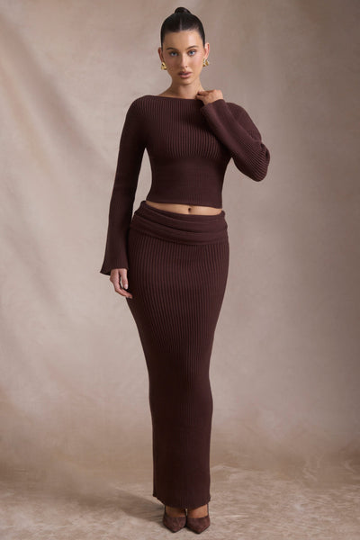 Ribbed-Knit Slash-Neck Top in Espresso