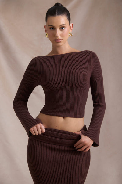 Ribbed-Knit Slash-Neck Top in Espresso